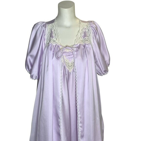 Vtg Brandywine Lavender Nightgown Peignoir Large Lace Puff Sleeves Polyester USA - Picture 10 of 11